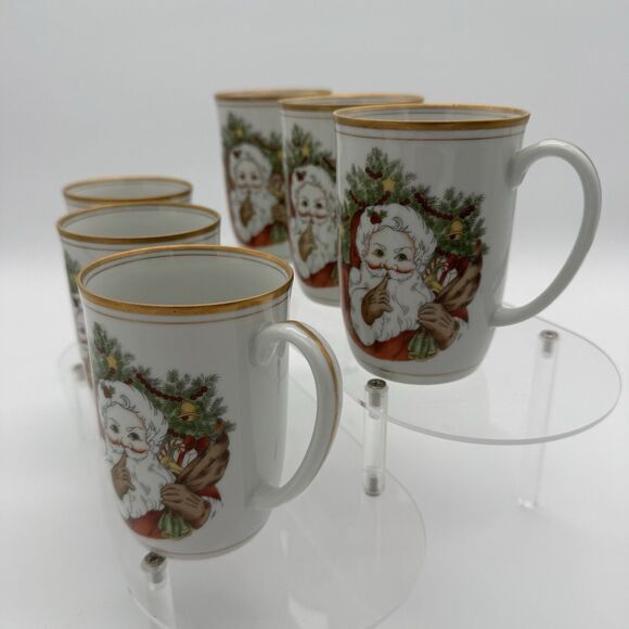VTG Fitz and Floyd St Nicholas Santa Whisper Set Of 6 Mugs 1978 Gold Candy cane - Picture 2 of 10